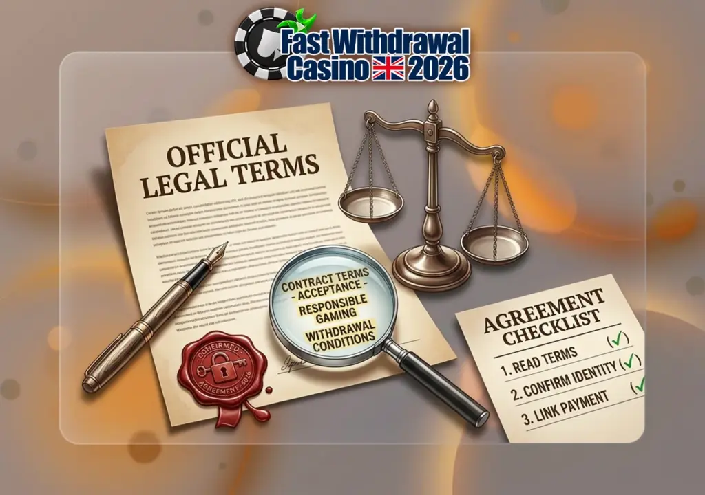 Fast Withdrawal Casino UK official terms of use contract document with legal rules scales of justice and compliance check